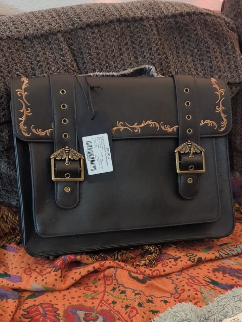 Disturbia Black Faux Leather Messenger Bag with Gold Trim - Picture 2 of 3